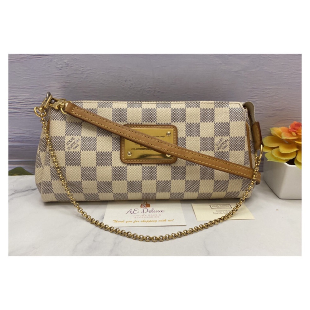❤️‍🩹SOLD❤️‍🩹 Louis Vuitton Eva Damier Azur Chain Clutch 2 Way Purse (SN2123)